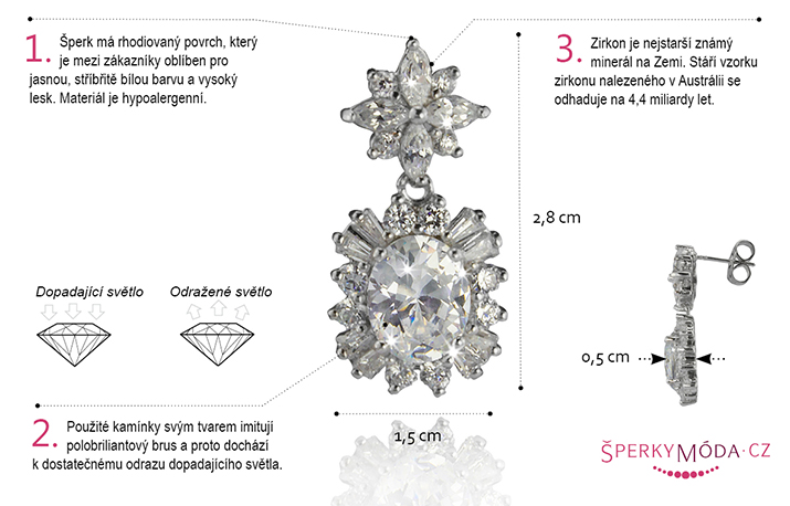 Náušnice osázené zirkony s rhodiovaným povrchem a patentovým zapínáním