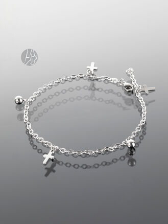 Ocelový řetízek na nohu s křížky a kuličkami