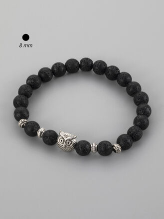 Krásný masivní náramek z korálků černého lávového kamene o průměru 0,8 cm a sovičkou