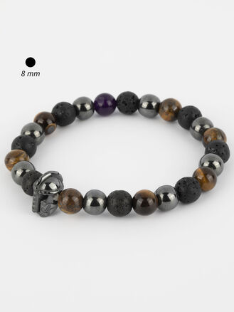 Exkluzivní náramek z korálků hematitu, tygřího oka a lávového kamene s helmou