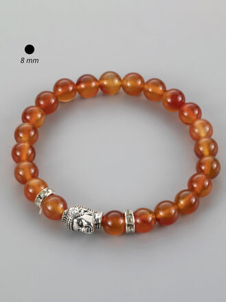Elegantní náramek z 0,8 cm velkých korálků karneolu s kovovými ozdobami a korálek s hlavičkou Buddhy
