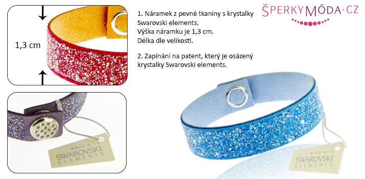 Náramek, pevná tkanina, Swarovski elements, krystalky, 