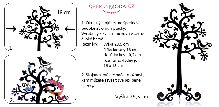 stojánek na šperky, kov, černý, bílý, strom, pltáčci