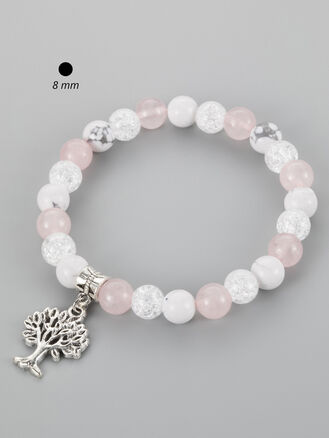 Krásný náramek z korálků pukaného křišťálu, magnezitu a růženínu s přívěskem stromu života