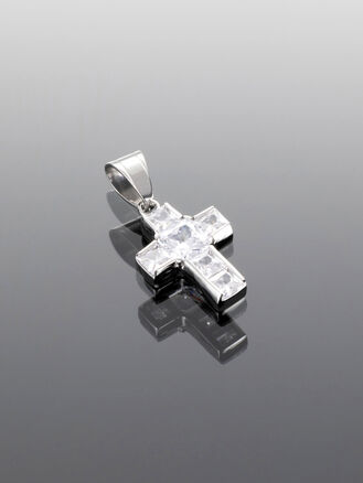 Moderní přívěsek ve tvaru kříže s hranatými čirými  zirkony z chirurgické oceli