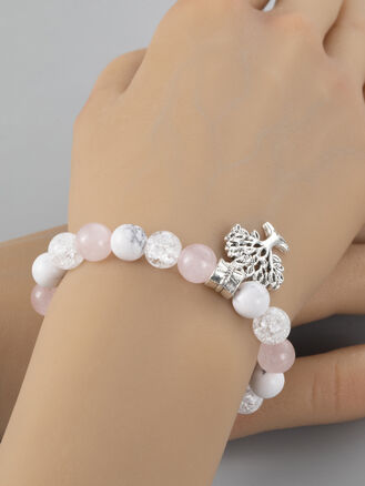 Krásný náramek z korálků pukaného křišťálu, magnezitu a růženínu s přívěskem stromu života