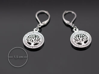 Krásné ocelové náušnice ve tvaru kruhu s motivem stromu života s čirými krystaly