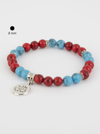 Exkluzivní náramek z korálků modrého a červeného barveného kamene s přívěskem ohm