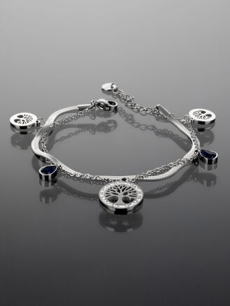 Krásný dvojitý náramek z chirurgické oceli s přívěsky stromu života a krystaly