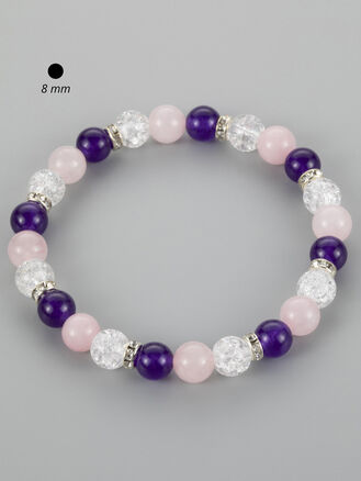 Krásný náramek z korálků růženínu, křišťálu a ametystu s čirými krystaly