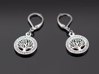Krásné ocelové náušnice ve tvaru kruhu s motivem stromu života s čirými krystaly
