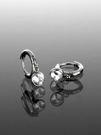 Exkluzivní kruhové náušnice z chirurgické oceli s přívěsky drobných koleček s čirými krystaly