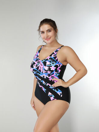Modera Dámské jednodílné  plavky s květy pro plnoštíhlé XL-5XL černá červená