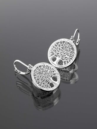 Krásné náušnice z chirurgické oceli s motivem stromu života s čirými krystaly