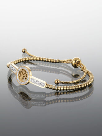 Exkluzivní náramek z chirurgické oceli ve zlaté barvě s korálky a destičkou s motivem stromu života 