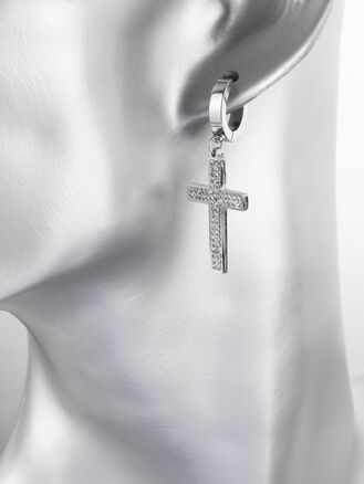 Luxusní kruhové náušnice z chirurgické oceli s přívěsky křížů vykládanými čirými krystaly
