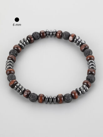 Luxusní náramek z 0,6 cm velkých korálků lávového kamene, doplněno hematitem a dřevěnými korálky