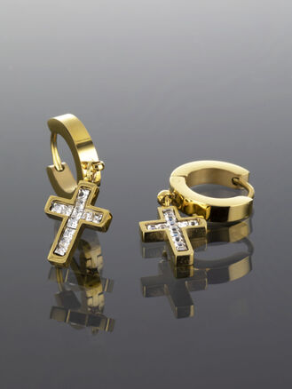 Krásné kruhové náušnice z chirurgické oceli zlaté barvy s přívěsky křížky a čirými krystaly 