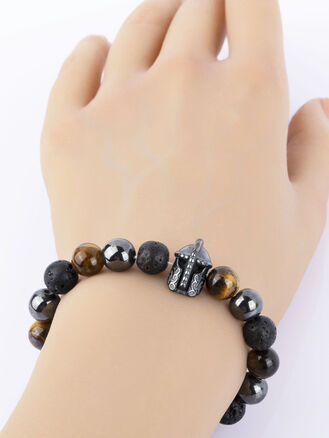 Exkluzivní náramek z korálků hematitu, tygřího oka a lávového kamene s helmou