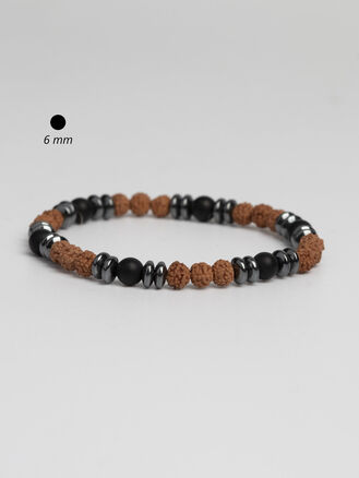 Exkluzivní náramek z drobných korálků hematitu, dřeva a lávového kamene
