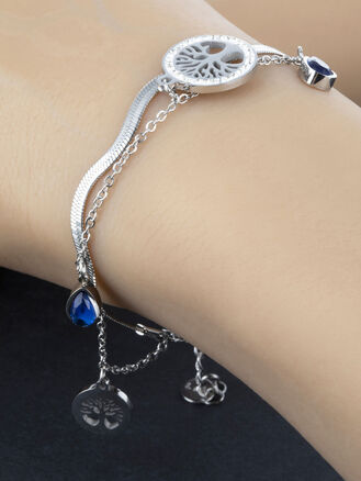 Krásný dvojitý náramek z chirurgické oceli s přívěsky stromu života a krystaly