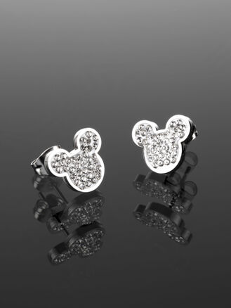 Krásné náušnice z chirurgické oceli ve tvaru Mickey Mouse vykládané čirými krystaly