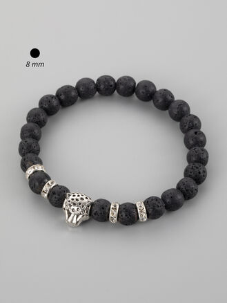 Krásný masivní náramek z korálků černého lávového kamene o průměru 0,8 cm a gepardem