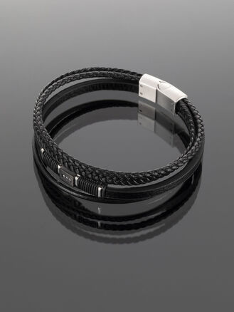 Luxusní pánský náramek z kůže s chirurgickou ocelí a čirými krystaly