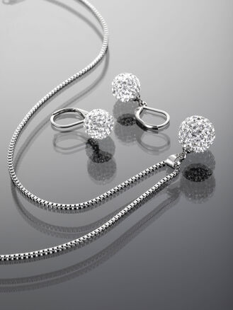Luxusní sada náušnic a náhrdelníku z chirurgické oceli s kuličkami vykládanými čirými krystaly