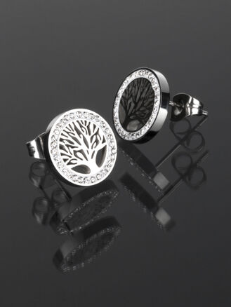 Krásné ocelové náušnice ve tvaru kruhu s motivem stromu života vykládané čirými krystaly