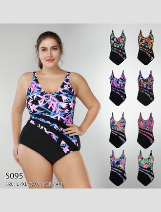 Modera Dámské jednodílné  plavky s květy pro plnoštíhlé XL-5XL černá světle modrá