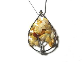Magický amulet Strom života ve tvaru kapky s minerálem KALCIT ŽLUTÝ