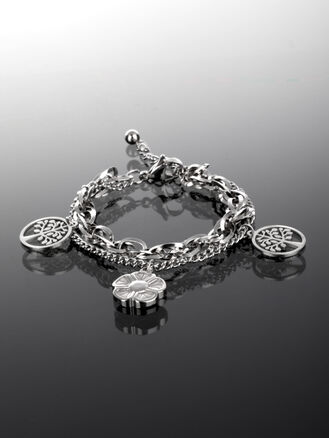 Hravý ocelový náramek s květinou, kuličkami a motivy stromu života