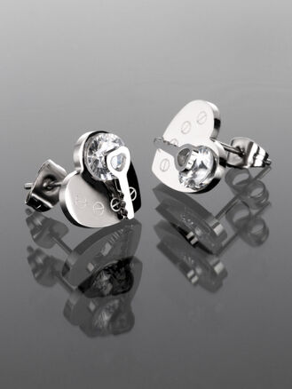 Krásné ocelové náušnice s motivem klíč k srdci s čirými krystaly