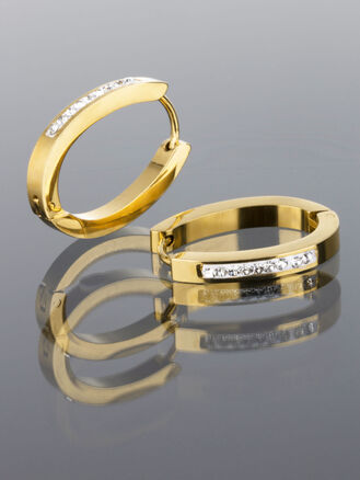 Exkluzivní oválné náušnice z chirurgické oceli zlaté barvy s čirými krystaly