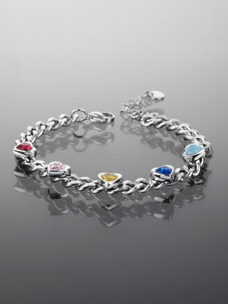 Luxusní masivní náramek z chirurgické oceli se srdíčky s barevnými krystaly