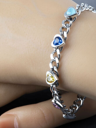 Luxusní masivní náramek z chirurgické oceli se srdíčky s barevnými krystaly