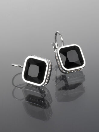 Luxusní náušnice z chirurgické oceli s výrazným černým krystalem tvaru čtverce s drobnými krystaly