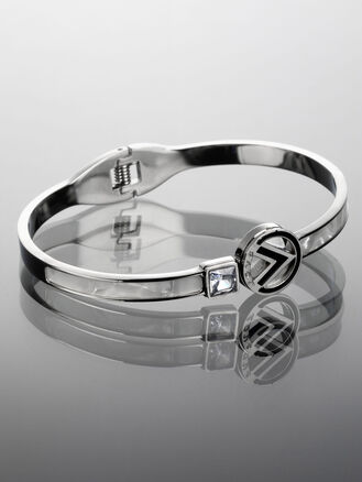 Exkluzivní pevný náramek z chirurgické oceli s kroužkem a čtverečkem s krystalem a bílou perletí