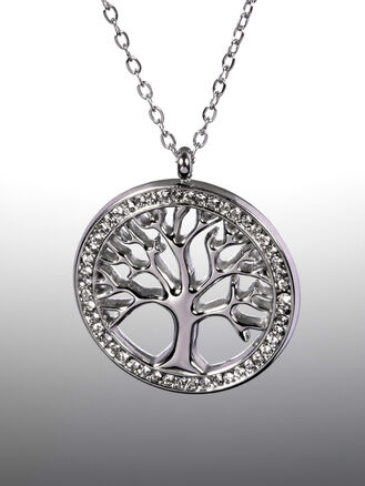 Náhrdelník z chirurgické oceli s motivem stromu života s drobnými čirými krystaly