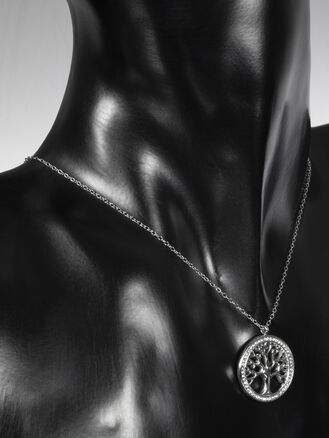 Náhrdelník z chirurgické oceli s motivem stromu života s drobnými čirými krystaly