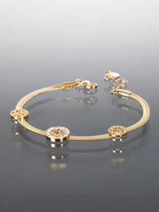 Náramek z chirurgické oceli zlaté barvy se stromem života a čirými krystaly 