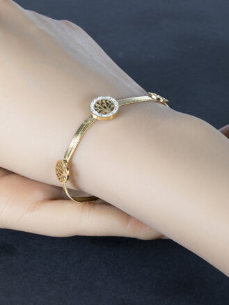 Náramek z chirurgické oceli zlaté barvy se stromem života a čirými krystaly 