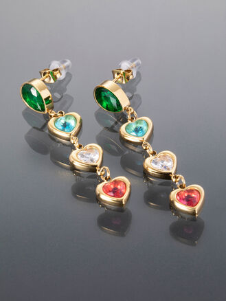 Visací náušnice z chirurgické oceli zlaté barvy se srdíčky s barevnými krystaly