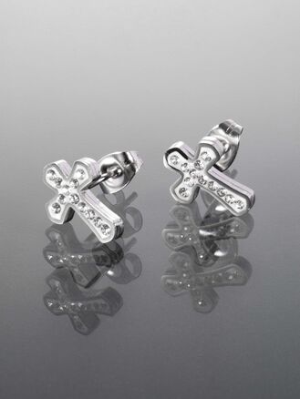 Luxusní náušnice z chirurgické oceli ve tvaru křížků, zdobeno drobnými krystaly