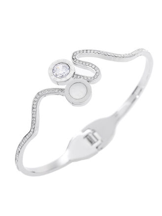 Exkluzivní elegantní pevný náramek z chirurgické oceli, vlnovka se třpytivými krystaly