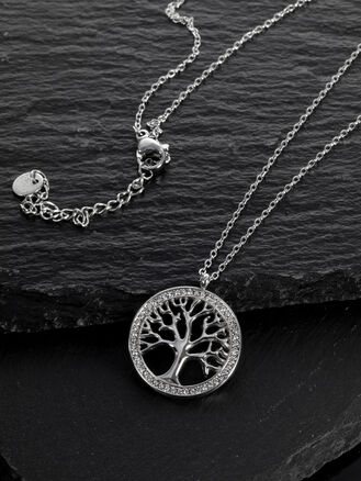 Náhrdelník z chirurgické oceli s motivem stromu života s drobnými čirými krystaly