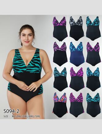 Modera Dámské jednodílné černé plavky pro plnoštíhlé nahoře s růžovými stylizovanými květy