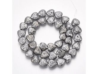 Neukončená šňůra ze srdíček ze syntetické pokovené lávy, ocelová barva, rozměr 11 x 10 x 4.5 mm