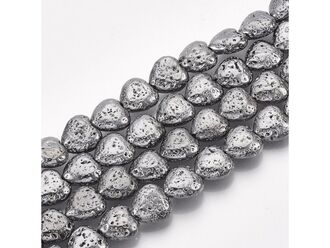 Neukončená šňůra ze srdíček ze syntetické pokovené lávy, ocelová barva, rozměr 11 x 10 x 4.5 mm